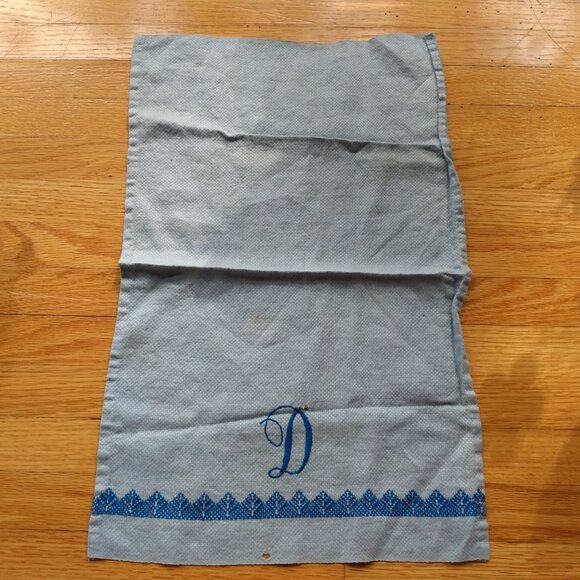 Vintage Monogram D Tea Towel Blue Embroidered Cloth Napkin Doily AS IS DAMAGED - Picture 3 of 13